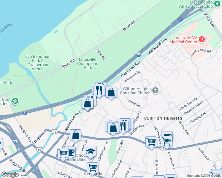 map of restaurants, bars, coffee shops, grocery stores, and more near 1948 Mellwood Avenue in Louisville