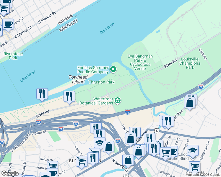 map of restaurants, bars, coffee shops, grocery stores, and more near 1600 River Shore Drive in Louisville