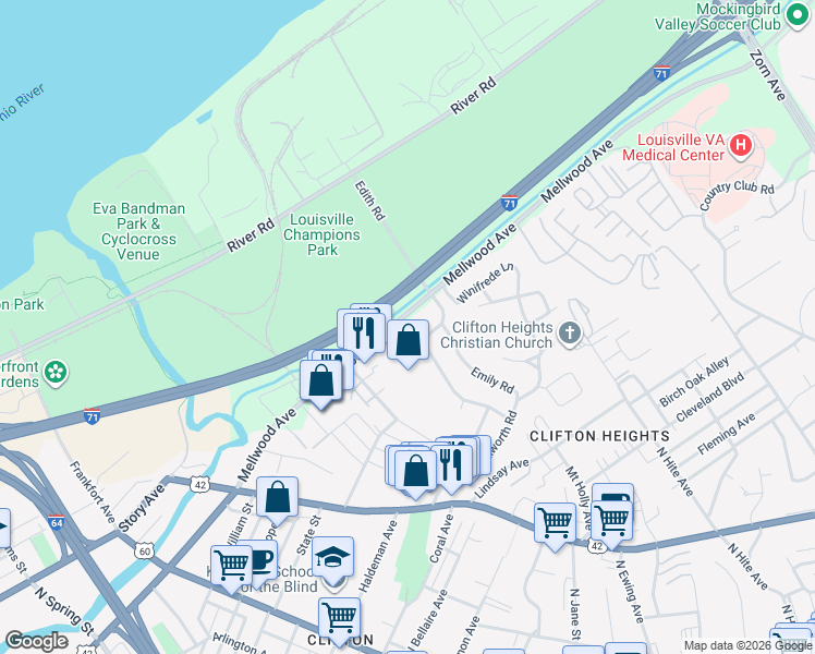 map of restaurants, bars, coffee shops, grocery stores, and more near 1948 Mellwood Avenue in Louisville