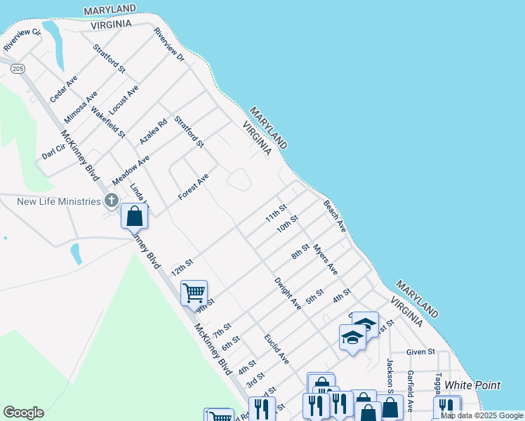 map of restaurants, bars, coffee shops, grocery stores, and more near 122 12th Street in Colonial Beach
