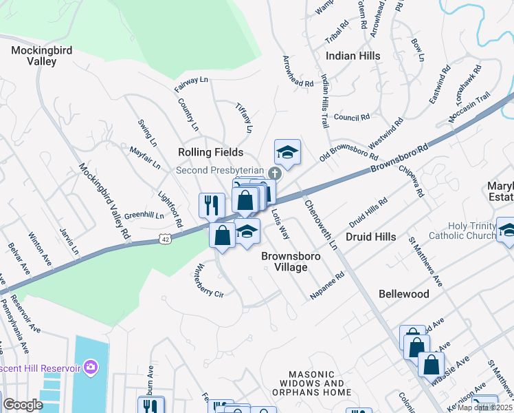 map of restaurants, bars, coffee shops, grocery stores, and more near 3619 Brownsboro Road in Louisville