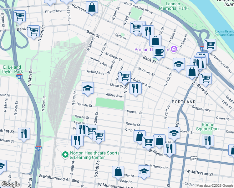 map of restaurants, bars, coffee shops, grocery stores, and more near 2625 Alford Avenue in Louisville