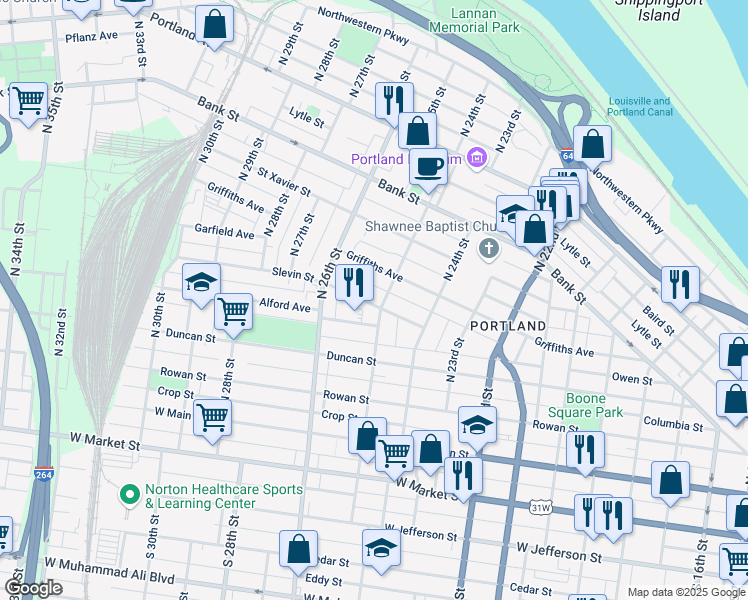 map of restaurants, bars, coffee shops, grocery stores, and more near 2509 Slevin Street in Louisville