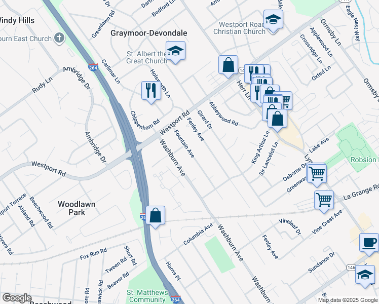 map of restaurants, bars, coffee shops, grocery stores, and more near 832 Fountain Avenue in Louisville