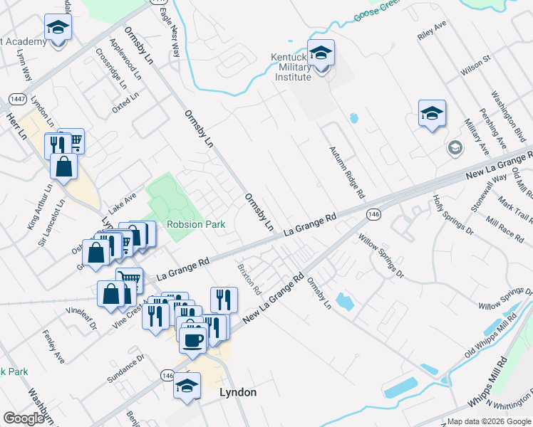 map of restaurants, bars, coffee shops, grocery stores, and more near 1231 Ormsby Lane in Louisville
