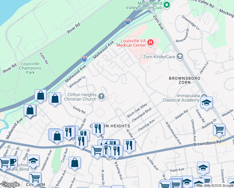 map of restaurants, bars, coffee shops, grocery stores, and more near 2840 Bexley Court in Louisville