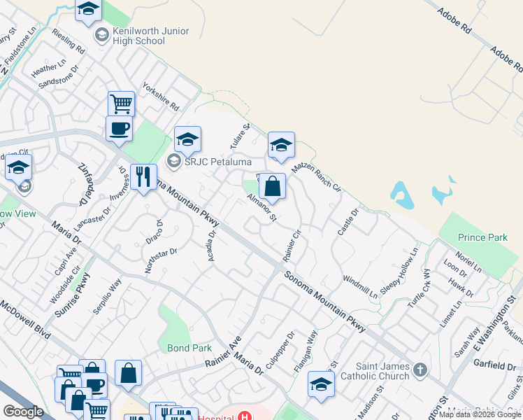 map of restaurants, bars, coffee shops, grocery stores, and more near 1761 Brompton Street in Petaluma