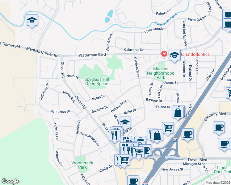 map of restaurants, bars, coffee shops, grocery stores, and more near 1746 Kearny Court in Fairfield