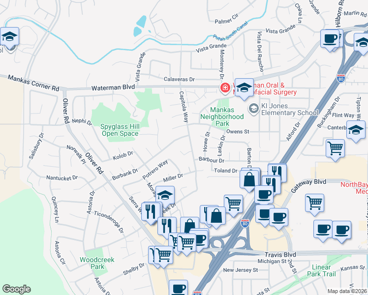 map of restaurants, bars, coffee shops, grocery stores, and more near 1737 Capitola Way in Fairfield