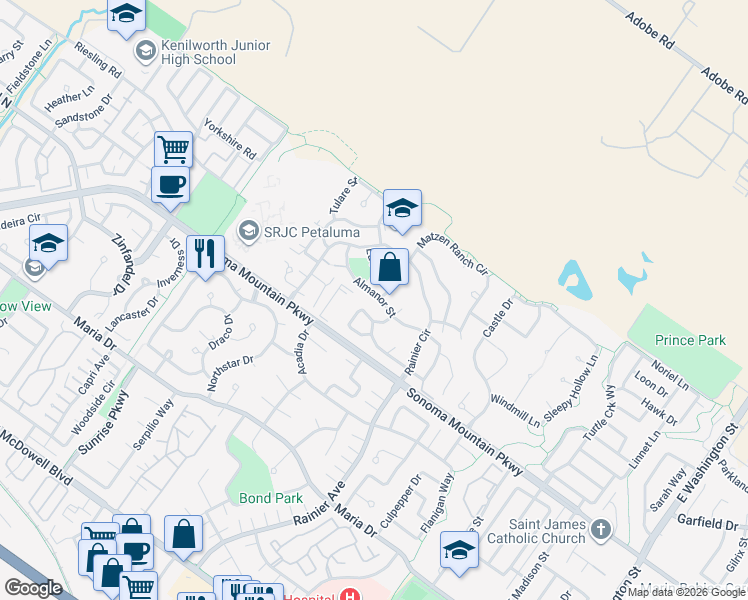 map of restaurants, bars, coffee shops, grocery stores, and more near 1761 Brompton Street in Petaluma