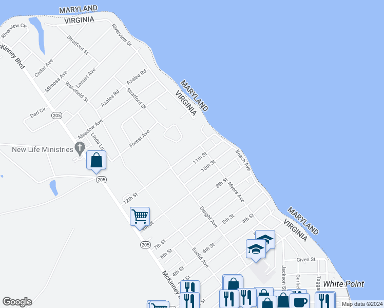 map of restaurants, bars, coffee shops, grocery stores, and more near 131 12th Street in Colonial Beach