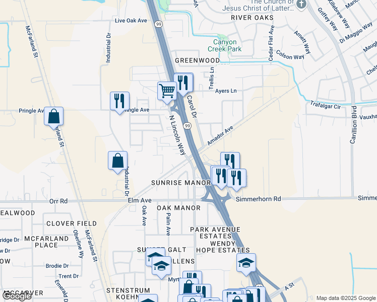 map of restaurants, bars, coffee shops, grocery stores, and more near 515 North Lincoln Way in Galt