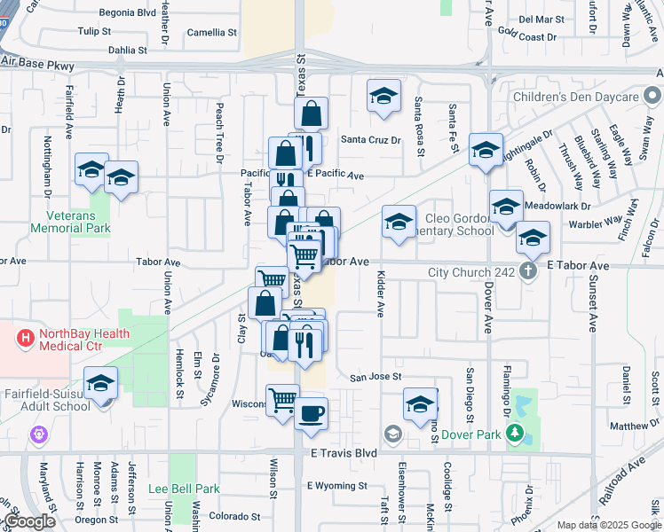 map of restaurants, bars, coffee shops, grocery stores, and more near 207 East Tabor Avenue in Fairfield