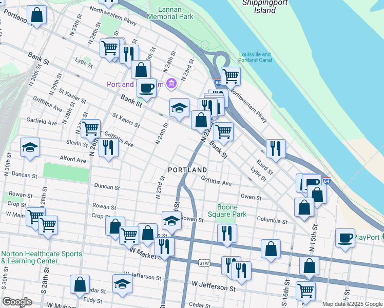 map of restaurants, bars, coffee shops, grocery stores, and more near in Louisville