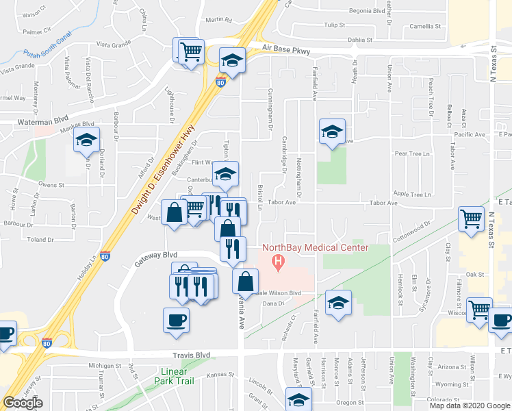 map of restaurants, bars, coffee shops, grocery stores, and more near 1231 Tabor Avenue in Fairfield
