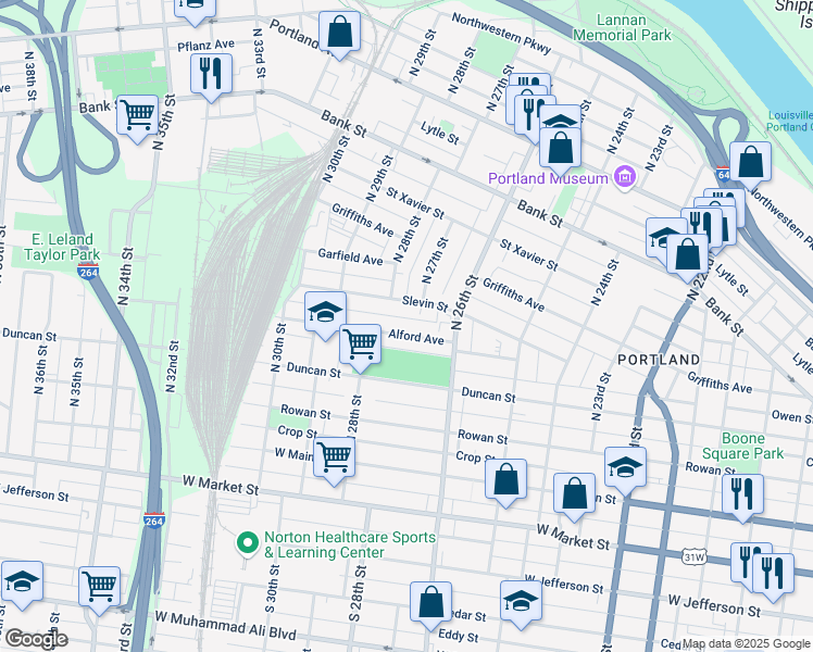 map of restaurants, bars, coffee shops, grocery stores, and more near 2700 Alford Avenue in Louisville