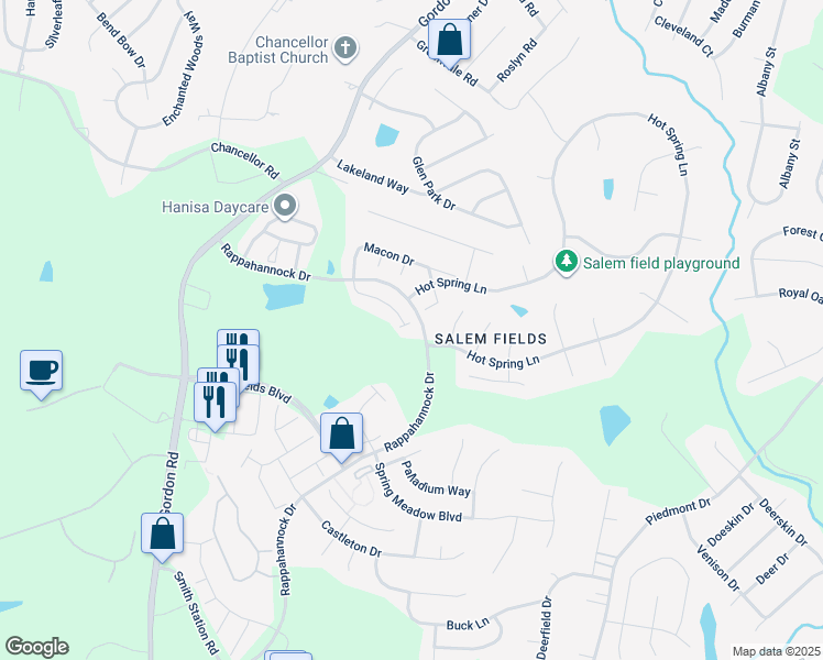 map of restaurants, bars, coffee shops, grocery stores, and more near 7000 Radford Drive in Fredericksburg