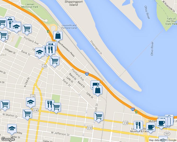 map of restaurants, bars, coffee shops, grocery stores, and more near 1614 Northwestern Parkway in Louisville