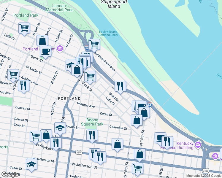 map of restaurants, bars, coffee shops, grocery stores, and more near 1839 Baird Street in Louisville