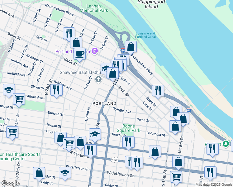 map of restaurants, bars, coffee shops, grocery stores, and more near 2100 Saint Xavier Street in Louisville