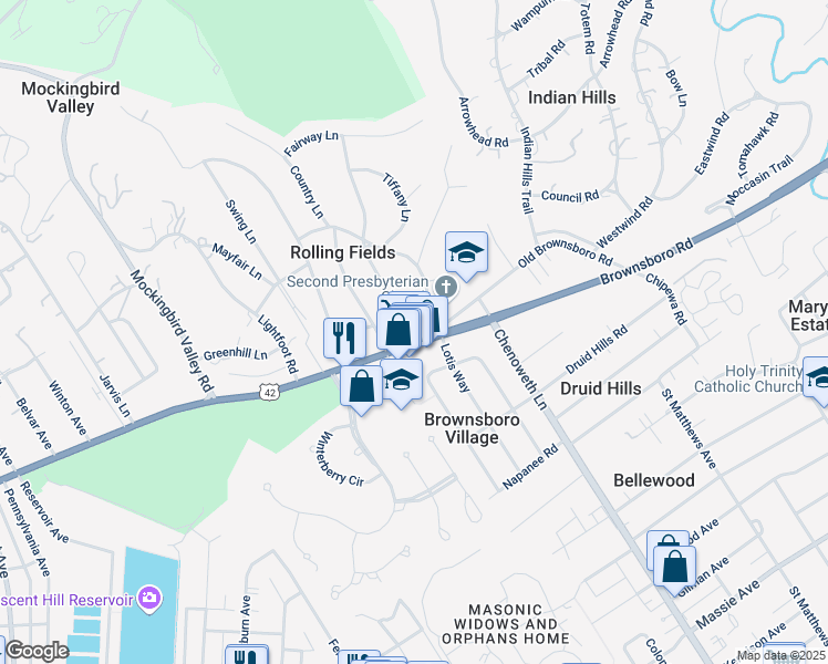 map of restaurants, bars, coffee shops, grocery stores, and more near 3619 Brownsboro Road in Louisville