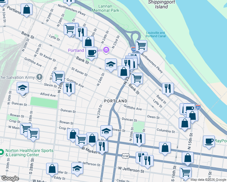 map of restaurants, bars, coffee shops, grocery stores, and more near in Louisville