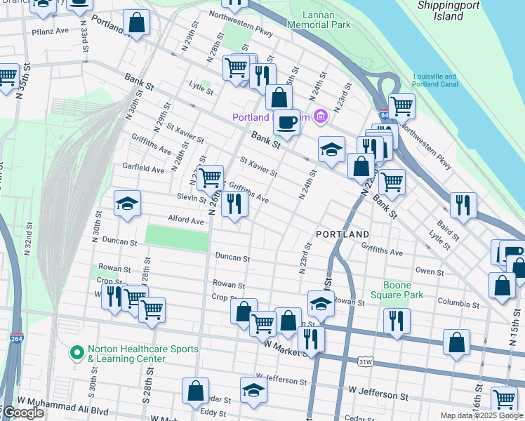 map of restaurants, bars, coffee shops, grocery stores, and more near 363 North 25th Street in Louisville