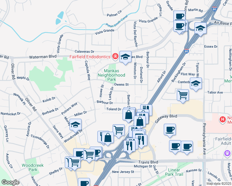 map of restaurants, bars, coffee shops, grocery stores, and more near 1795 Barton Drive in Fairfield