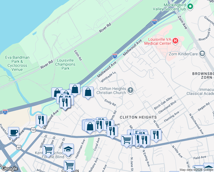 map of restaurants, bars, coffee shops, grocery stores, and more near 61 Winifrede Lane in Louisville