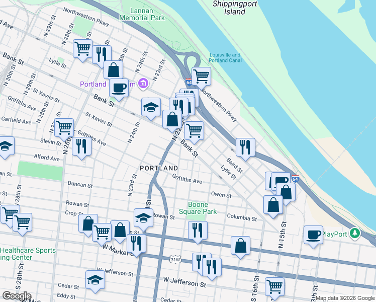 map of restaurants, bars, coffee shops, grocery stores, and more near 1930 Bank Street in Louisville