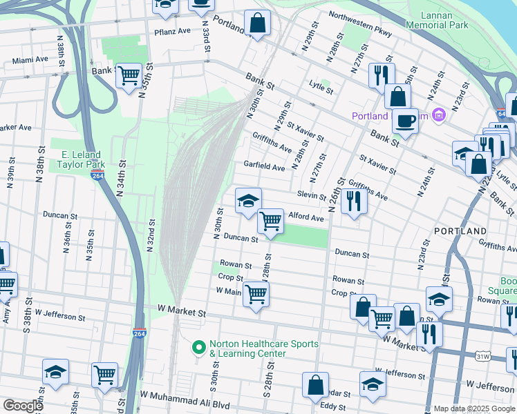 map of restaurants, bars, coffee shops, grocery stores, and more near 2732 Alford Avenue in Louisville