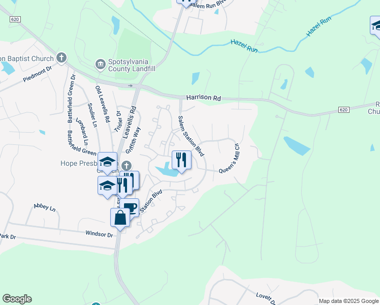 map of restaurants, bars, coffee shops, grocery stores, and more near 11380 Kings Crest Court in Fredericksburg