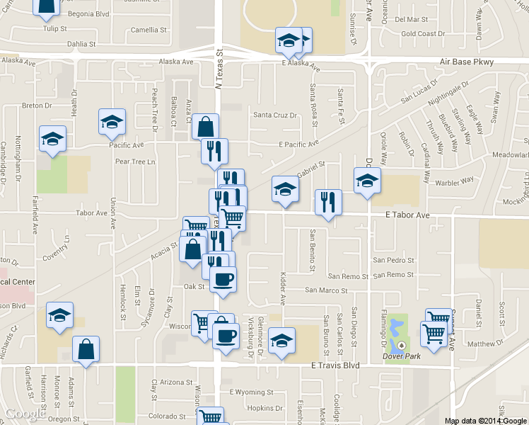 map of restaurants, bars, coffee shops, grocery stores, and more near 307 East Tabor Avenue in Fairfield