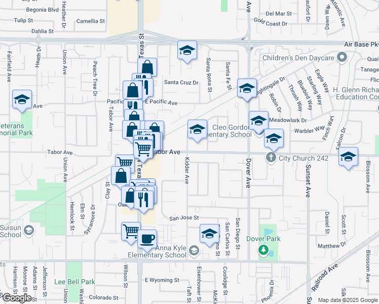 map of restaurants, bars, coffee shops, grocery stores, and more near 420 East Tabor Avenue in Fairfield