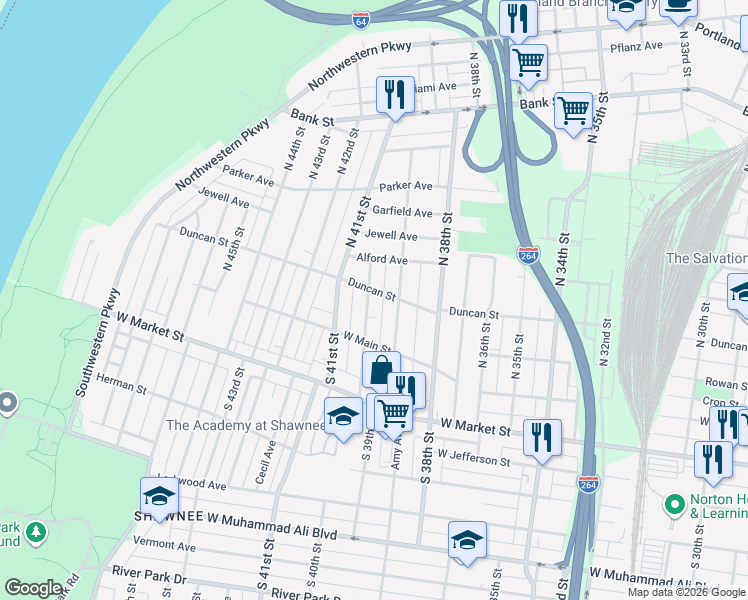 map of restaurants, bars, coffee shops, grocery stores, and more near 124 North 39th Street in Louisville