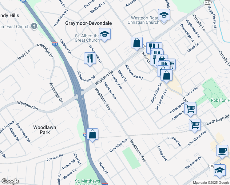 map of restaurants, bars, coffee shops, grocery stores, and more near 832 Fountain Avenue in Louisville