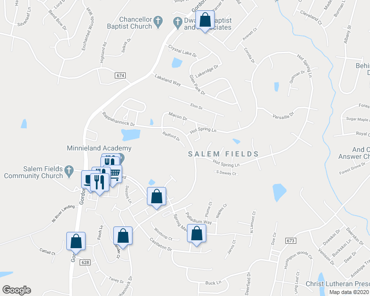 map of restaurants, bars, coffee shops, grocery stores, and more near 6690 Radford Drive in Fredericksburg