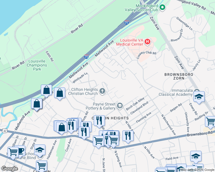 map of restaurants, bars, coffee shops, grocery stores, and more near 721 North Hite Avenue in Louisville