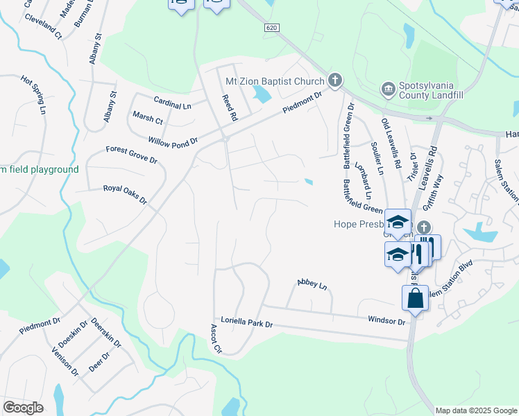 map of restaurants, bars, coffee shops, grocery stores, and more near 6114 Sunny Meadows Drive in Fredericksburg