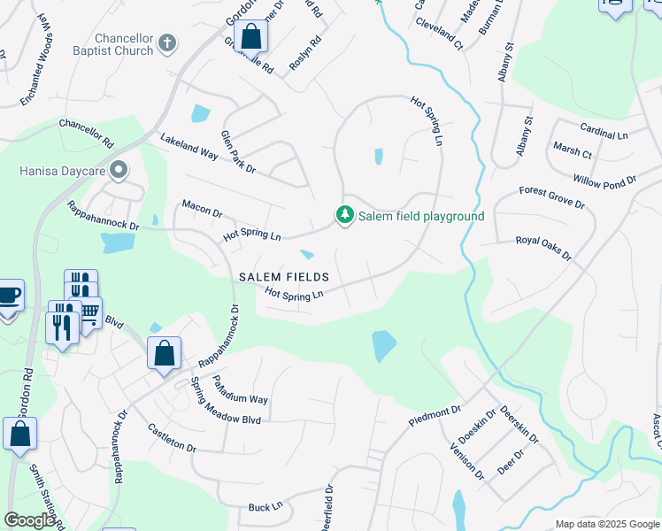 map of restaurants, bars, coffee shops, grocery stores, and more near 11208 Englewood Court in Fredericksburg