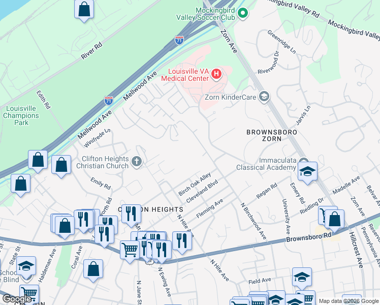 map of restaurants, bars, coffee shops, grocery stores, and more near in Louisville