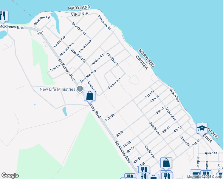 map of restaurants, bars, coffee shops, grocery stores, and more near 208 Forest Avenue in Colonial Beach