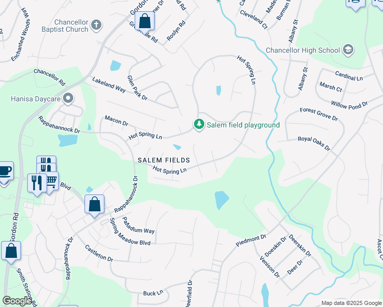 map of restaurants, bars, coffee shops, grocery stores, and more near 11208 Englewood Court in Fredericksburg