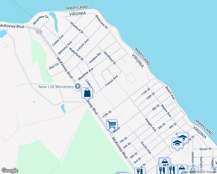 map of restaurants, bars, coffee shops, grocery stores, and more near 208 Forest Avenue in Colonial Beach