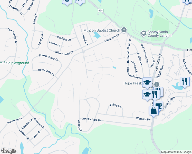 map of restaurants, bars, coffee shops, grocery stores, and more near 6114 Sunny Meadows Drive in Fredericksburg