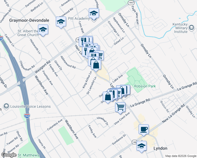 map of restaurants, bars, coffee shops, grocery stores, and more near 7611 Lancelot Court in Louisville
