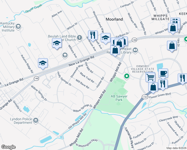 map of restaurants, bars, coffee shops, grocery stores, and more near 1312 Old Mill Road in Louisville