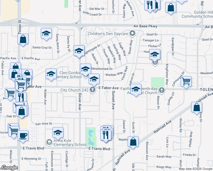 map of restaurants, bars, coffee shops, grocery stores, and more near 802 East Tabor Avenue in Fairfield