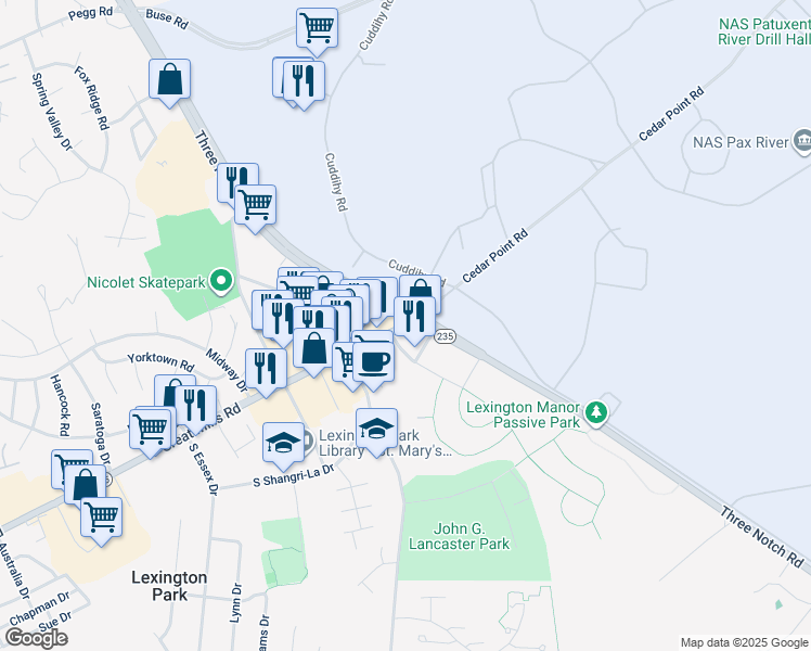 map of restaurants, bars, coffee shops, grocery stores, and more near 21795 Three Notch Road in Lexington Park