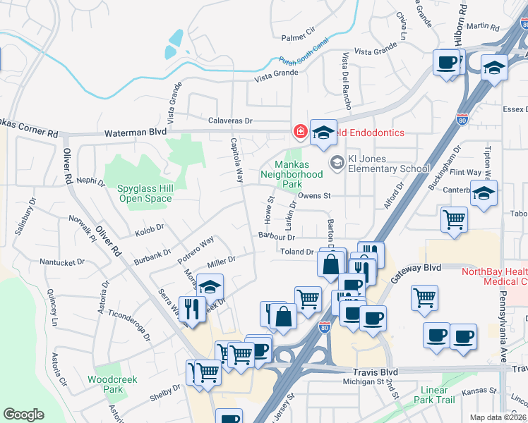 map of restaurants, bars, coffee shops, grocery stores, and more near 2831 Perry Court in Fairfield